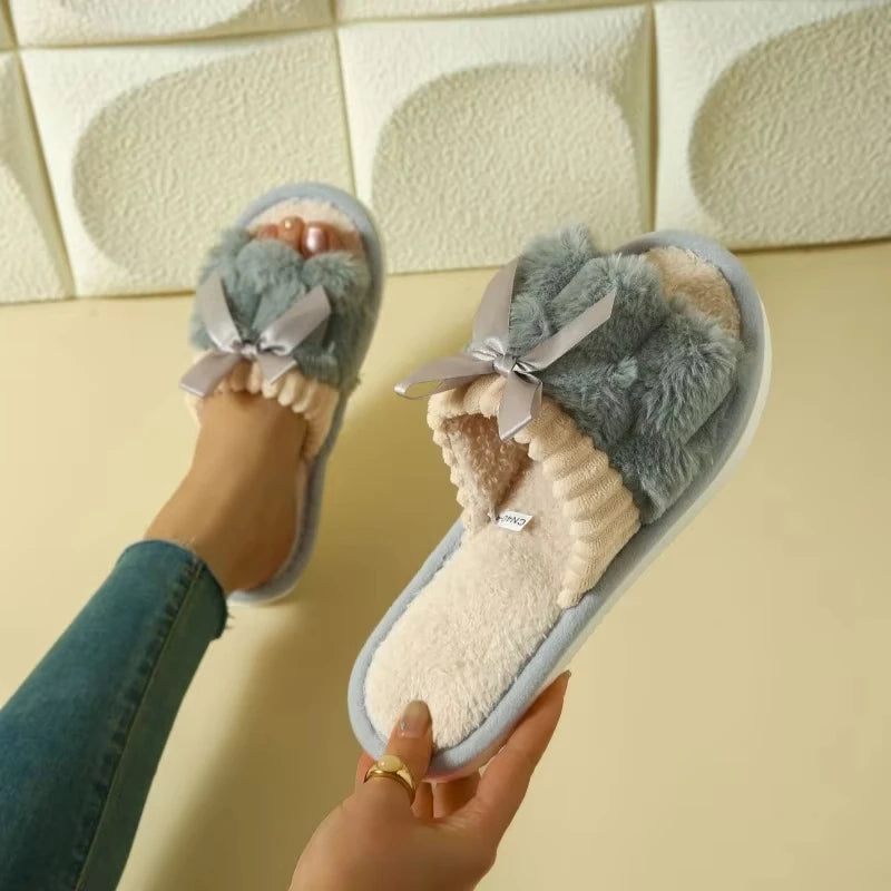 Autumn Winter Plush Bow Slippers – Cute Warm Fluffy Indoor Slides for Women & Men