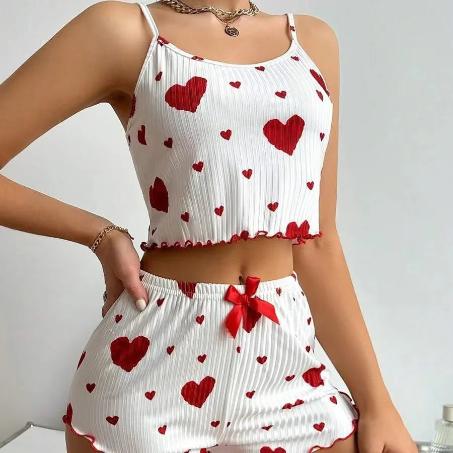 Women's Pajamas Set – 2 PCS Sleepwear with Short Tank Tops & Shorts, Soft & Ventilated, S-M-L, White with Love Printing