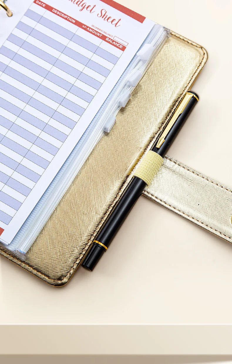 A6 Gold Ring Budget Planner Binder – Gold, Purple & Black with Zipper Cash Envelopes for Money Organization