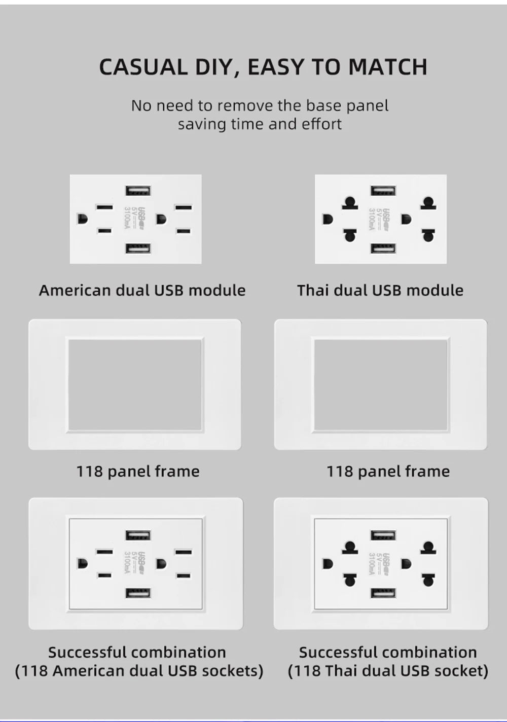Herepow 118 Series Dual USB Wall Socket - Thailand & American Standard Smart Plug Adapter with Type-C 3.1A Fast Charging