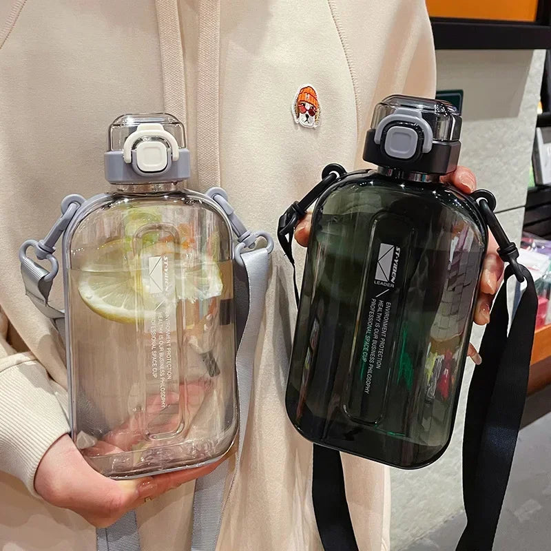 Elegant Slim Transparent Water Bottle - Flat Square Portable Travel Canteen with Adjustable Strap, Ideal for Sports and Camping