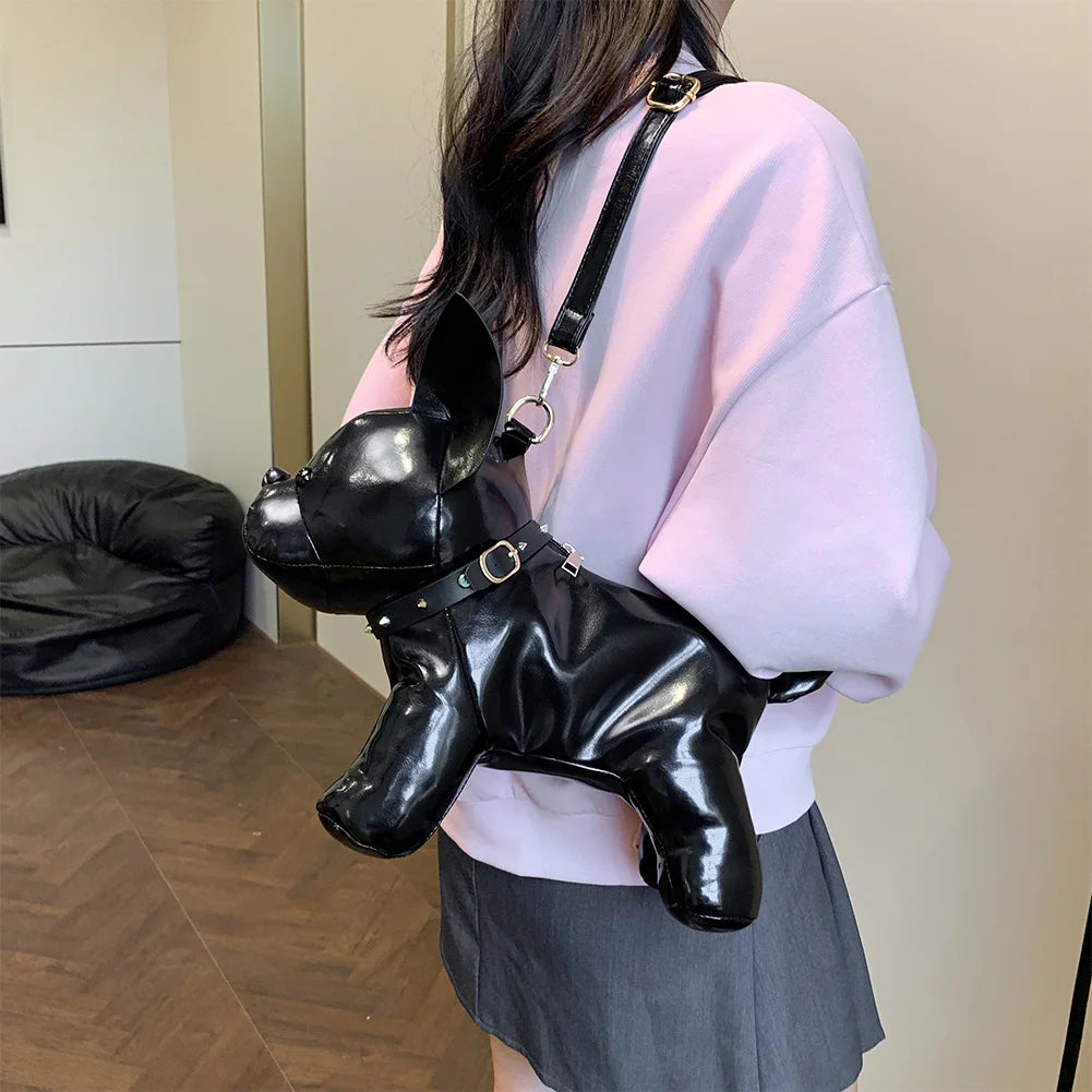 Unisex Bulldog-Shaped PU Leather Shoulder Bag – Adjustable Strap Zipper Satchel for Shopping & Travel