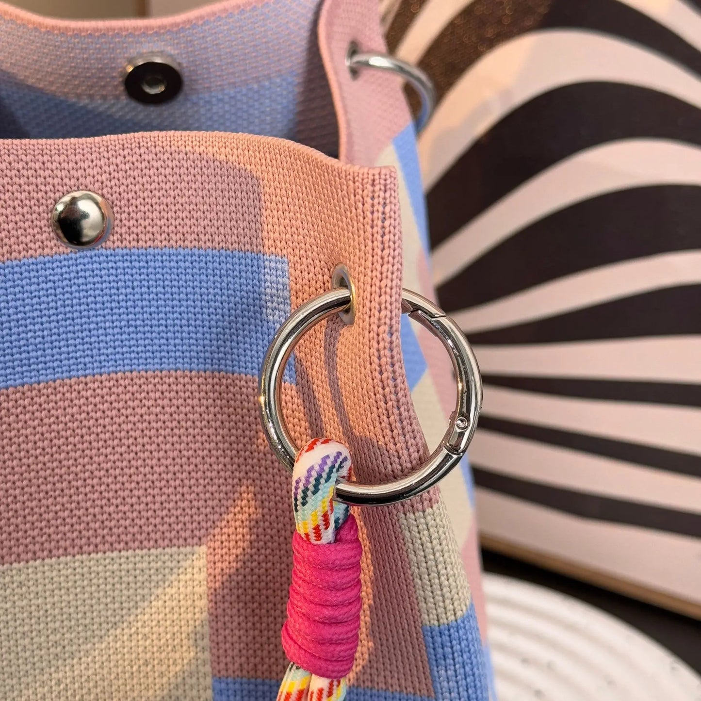 Colorful Stripe Bucket Handbag with Large Capacity, Rope Knot Design, Travel & Everyday Bag