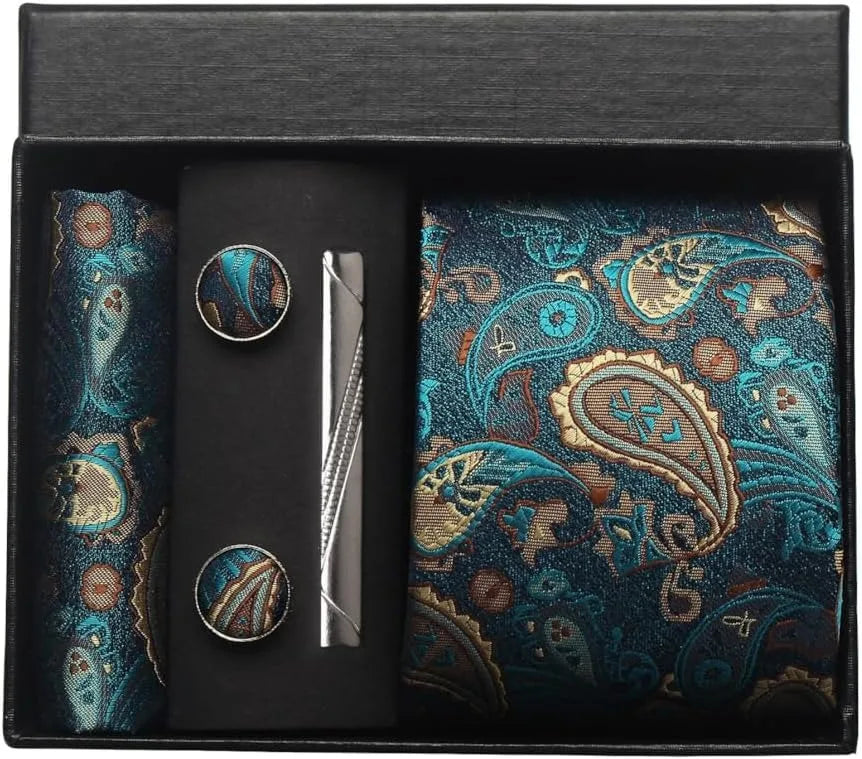 100% Silk Men’s Necktie Set with Paisley Floral Design, Business Tie with Pocket Square, Tie Clip & Cufflinks Gift Box Set for Men