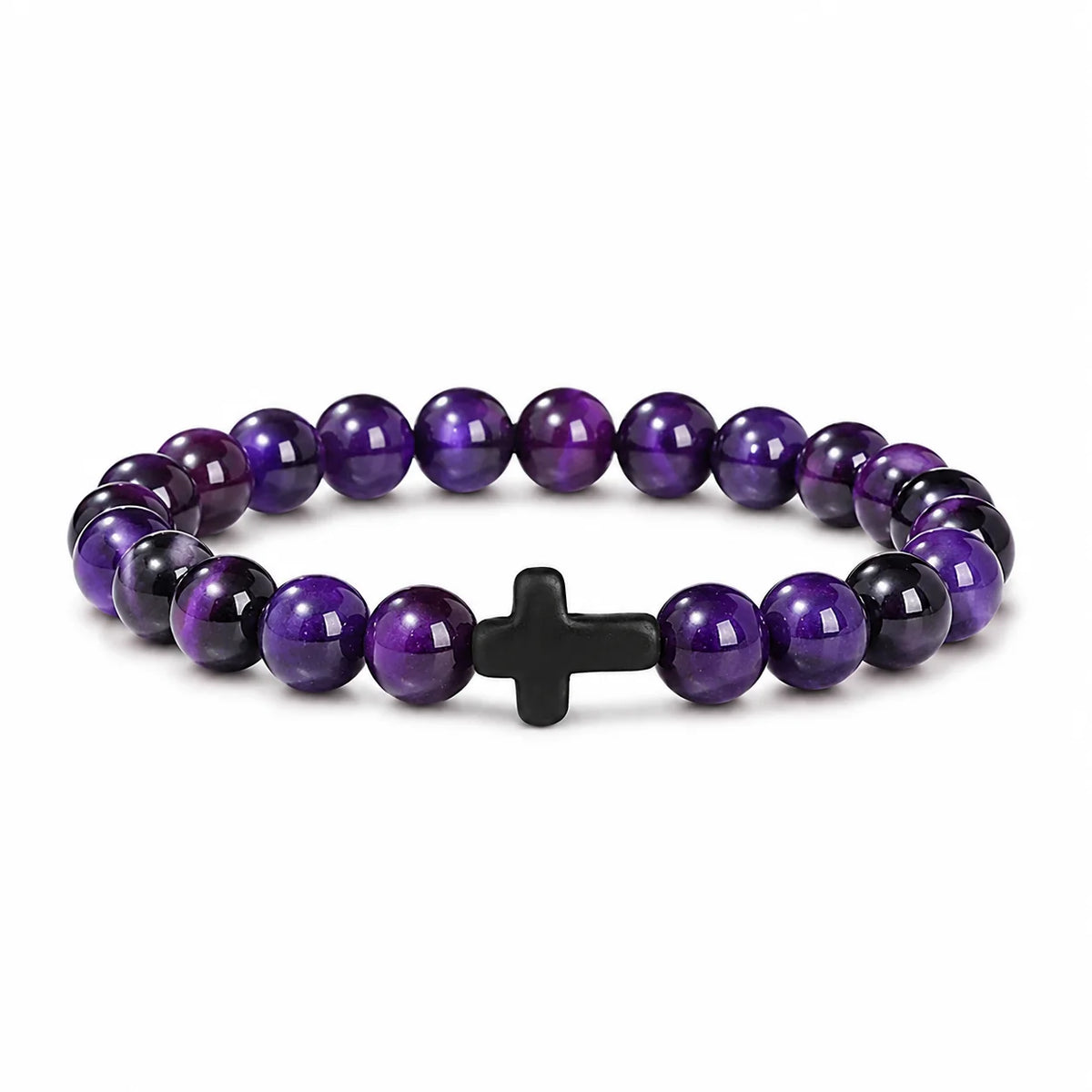 Natural Stone & Wood Bead Rosary Bracelet - Hematite Cross Meditation & Yoga Jewelry for Men & Women