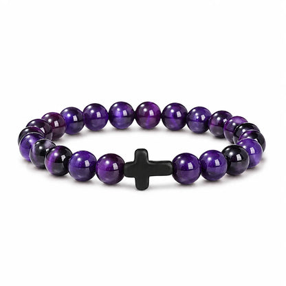 Natural Stone & Wood Bead Rosary Bracelet - Hematite Cross Meditation & Yoga Jewelry for Men & Women