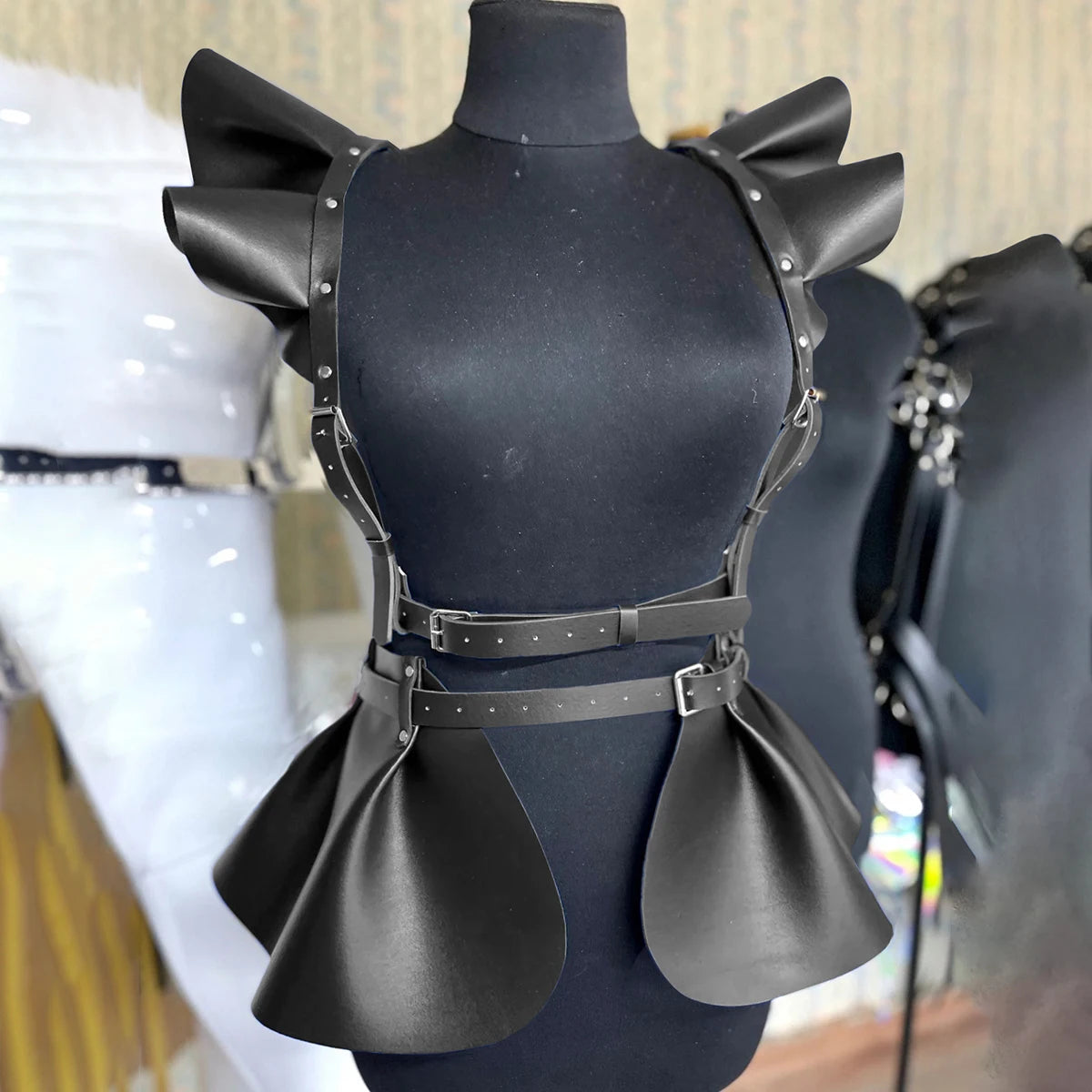 Women’s Gothic Leather Harness Skirt Belt with Ruffle Hem, Fashion Waist & Shoulder Body Harness Clothing Accessory