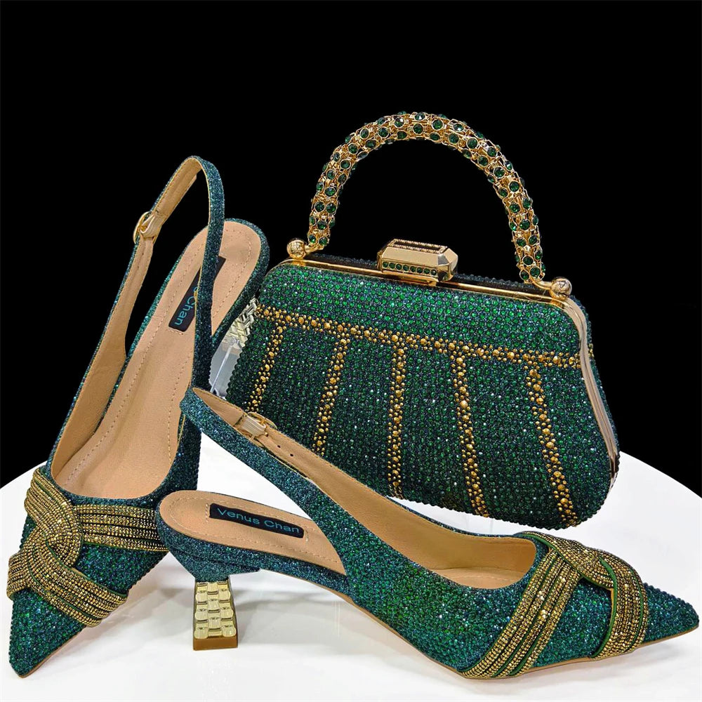 Venus Chan Women’s Champagne Shoe & Bag Set - Rhinestone Heels and Handbag for Nigerian Parties & Weddings