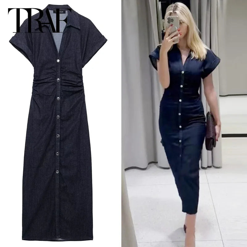 TRAF Women’s Denim Bodycon Dress – Summer 2025 Blue Button Ruffled Batwing Sleeve Long Casual Beach Vestido