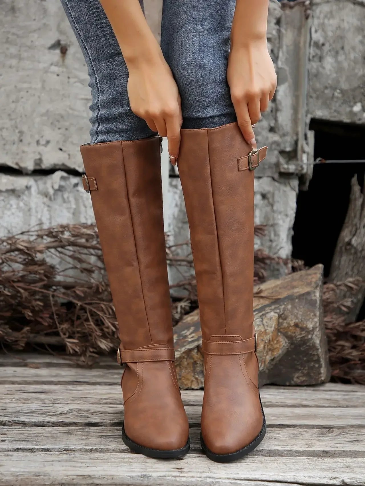 Women’s Winter High-Top Knight Boots – Side Zipper & Belt Buckle, Pointed Toe, PU Material with Cotton Lining
