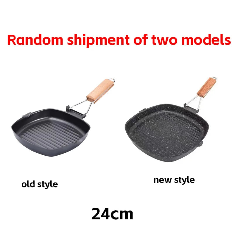 Foldable Portable Grill Pan – Double-Mouth Steak Pan with Anti-Scald Wooden Handle for Outdoor Cooking