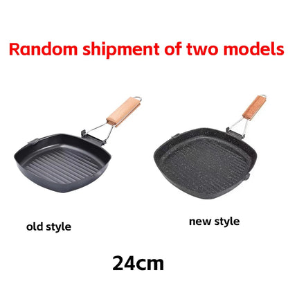 Foldable Portable Grill Pan – Double-Mouth Steak Pan with Anti-Scald Wooden Handle for Outdoor Cooking