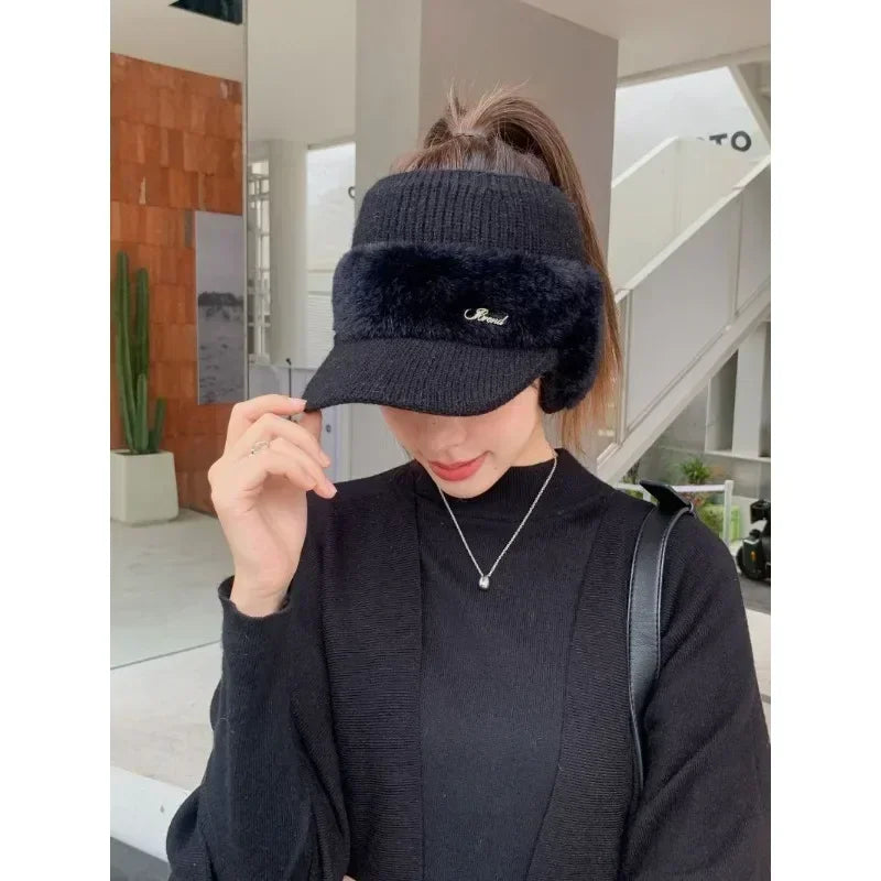 Winter Hats for Women 2023 – Fashionable Knitted Earflap Baseball Cap, Windproof Ponytail Visor for Outdoor Sports