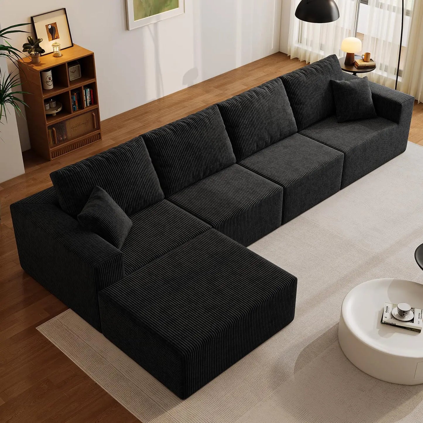 139" Cloud Sectional Sofa – Deep Seat Modular L-Shape Corduroy Couch, Frameless 4-Seater Living Room Sofa with Left Chaise (Black)