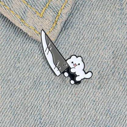 Cartoon Cat with Knife Enamel Pin – Funny Black Kitty Brooch Lapel Badge for Jacket Bag Jewelry Gift
