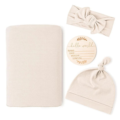 Newborn Baby Swaddle Blanket Set - Receiving Blanket with Matching Headband & Beanie (4-Piece Set)