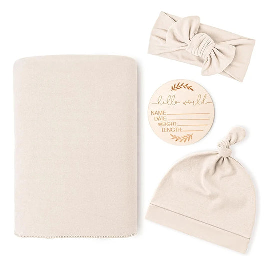 Newborn Baby Swaddle Blanket Set - Receiving Blanket with Matching Headband & Beanie (4-Piece Set)