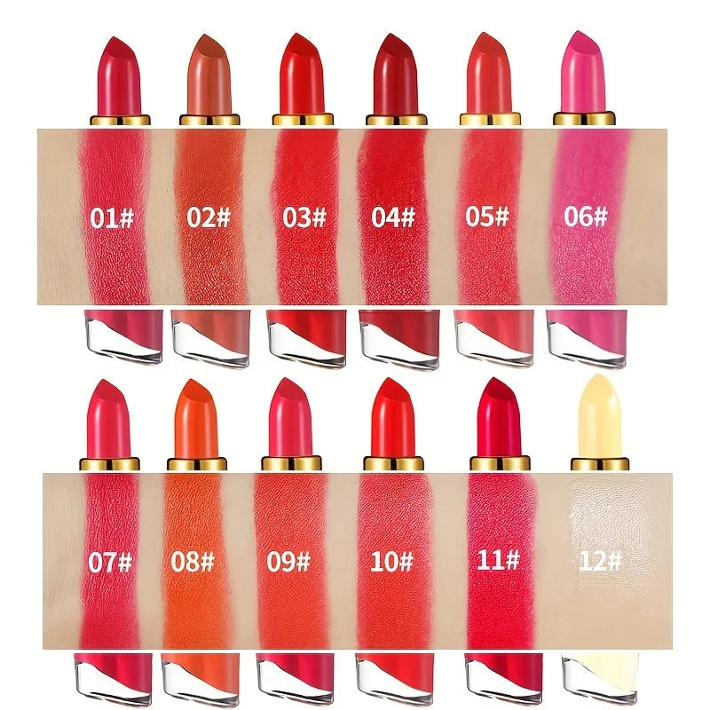 12 Colors Creamy Moisturizing Lipstick – Long-Lasting, Women & Schoolgirl Makeup for Beginners, Leaning Tower Lip Makeup