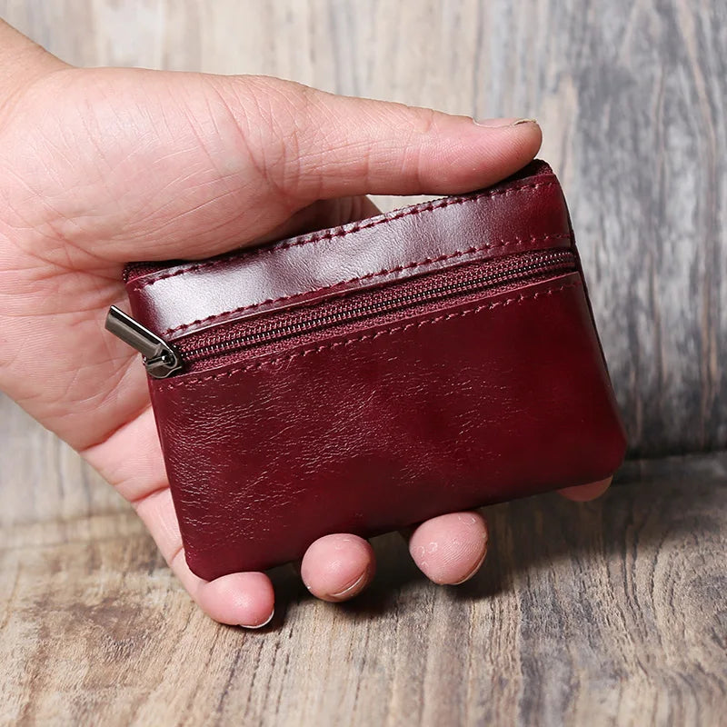 Leather Mini Coin Purse – Unisex Retro Handmade Cowhide Small Wallet with Zipper & Key Case