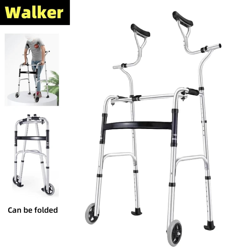 Elderly Rehabilitation Walker – Underarm Crutch Walking Stick Rollator with Aluminum Alloy Standing Frame for Disabled Mobility Support