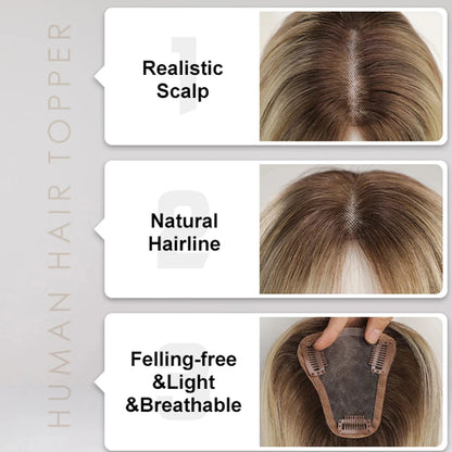 Ash Gray Brown 100% Remy Human Hair Toppers – Clips-In Lace Base Topper Hairpieces for Women, 12-inch Straight Hair Extensions