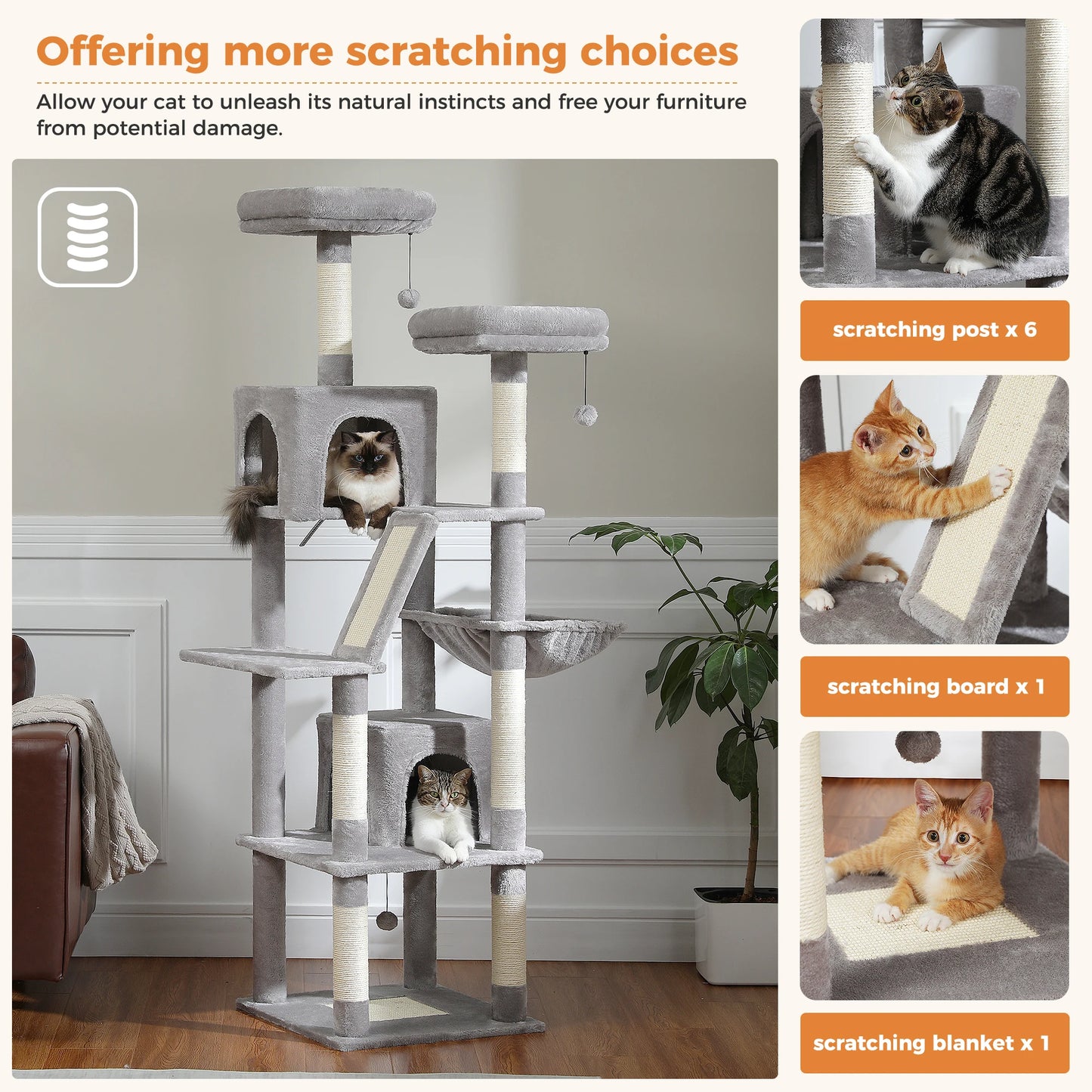 Large Cat Tree Tower – Multi-Level Plush Indoor Cat Condo with Scratching Posts, Boards, Perches & Caves