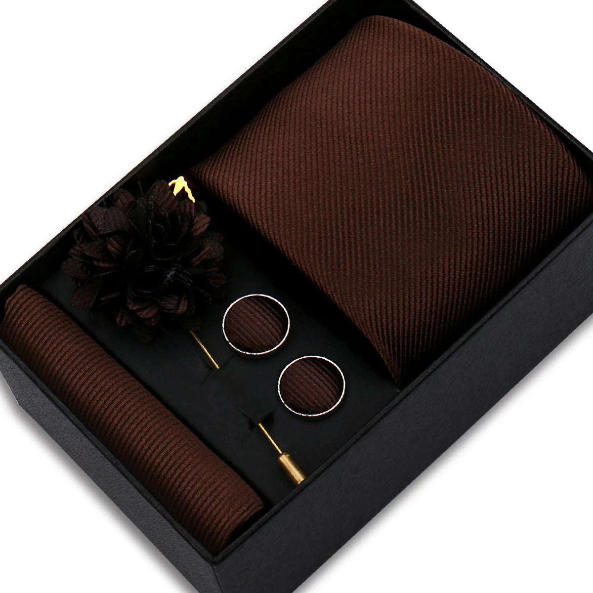 Men's Solid Color Tie Set - Jacquard Necktie, Hanky, Cufflinks & Brooch Gift Box for Weddings