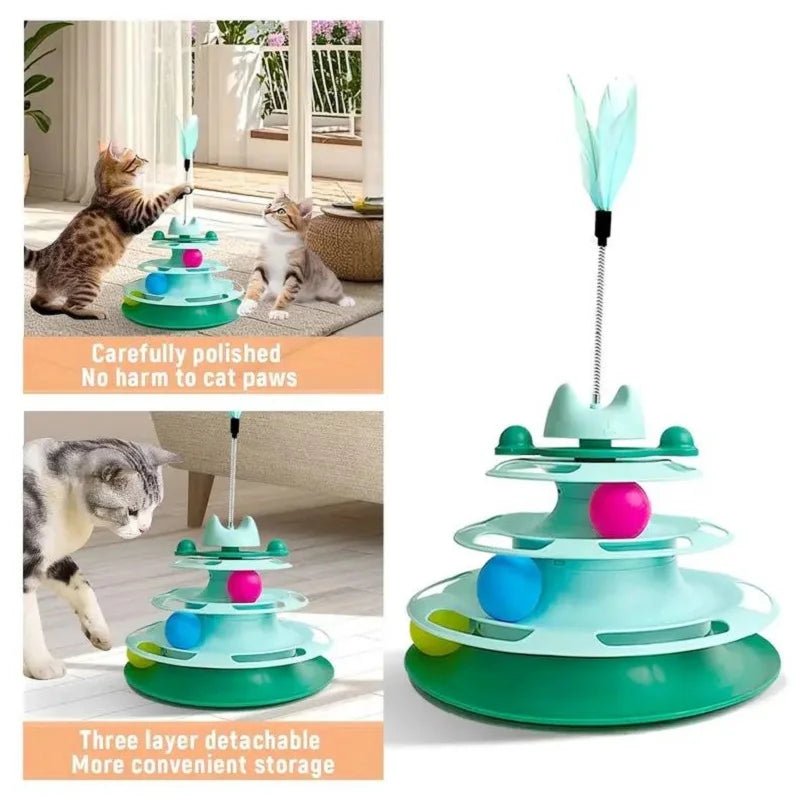 Interactive Cat Toy Tower - Kitten Turntable Track Roller Balls & Feather Training Toy