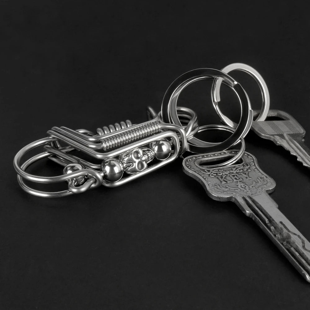 Stainless Steel Skull Keychain — Handmade Matte Round Bead Charm, Mechanical Car Key Ring for Men