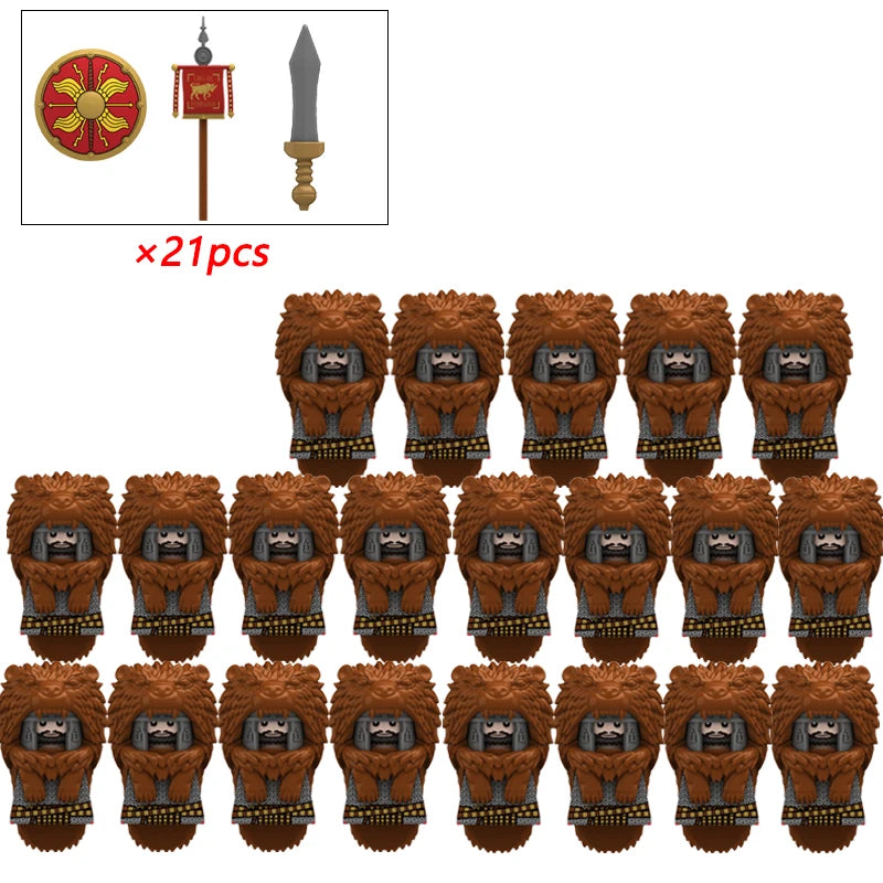 21PCS MOC Medieval Knights & Roman Legion Soldiers Building Blocks Set Warrior Figures with Weapons Helmet Bricks Toy Collection