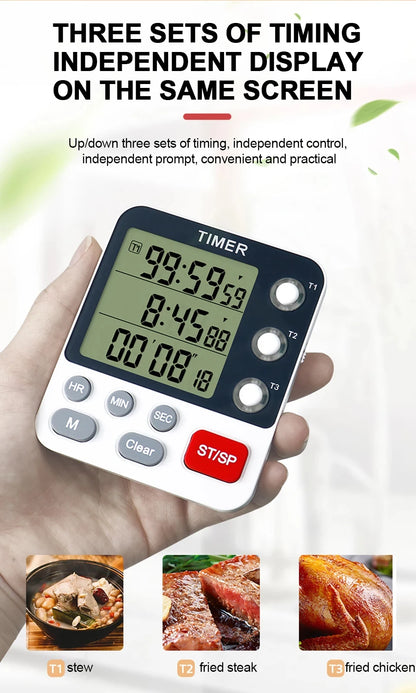 3 Channel Digital Kitchen Timer – Count Up/Down with LCD Display, Adjustable Volume & Mute Flashing Alarm