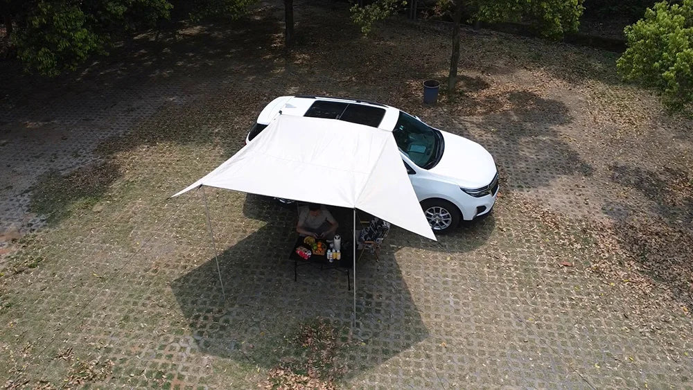Manta Ray Car Side Awning – Black Coating Tarp with Suction Cup Anchor, Waterproof UV Protection for Outdoor Camping & SUV Shade