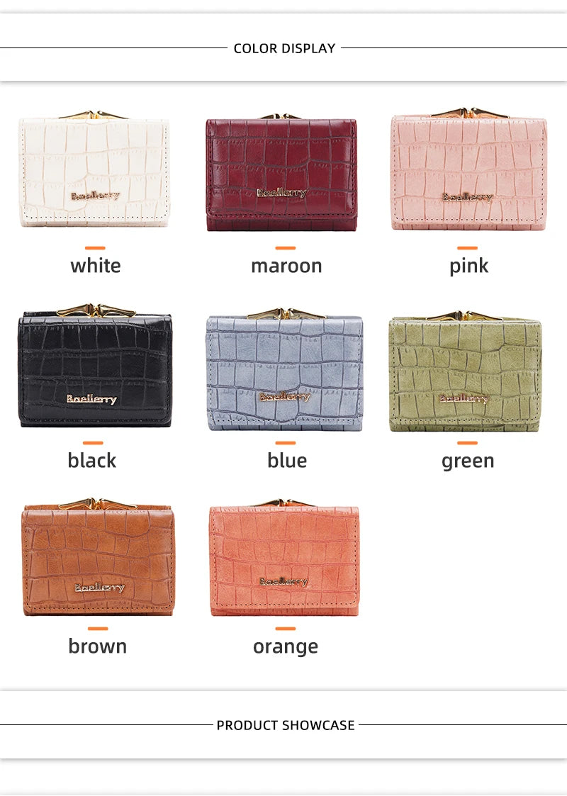 Baellerry Short Women’s Wallet — Crocodile Pattern Coin & Card Holder with Photo Slots, Hasp Purse for Girls