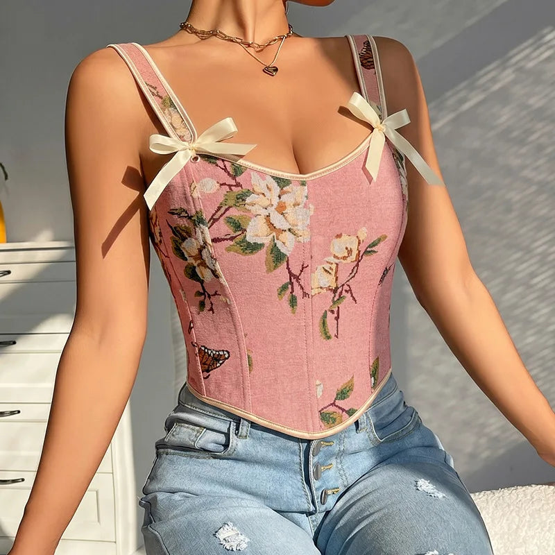 French Style Floral Corset Crop Cami – Bow Tie Lace-Up Spaghetti Strap Fitted Bustier Top for Women