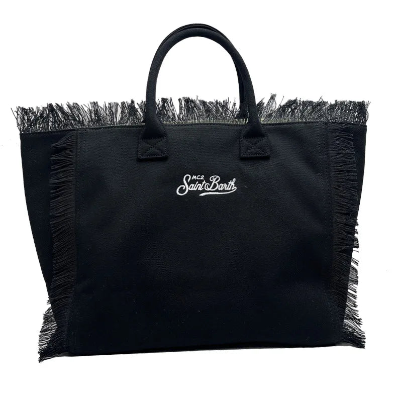Saint Barth Large Capacity Women's Beach Handbag – European & American Style, Deep Blue Striped Tassel Tote