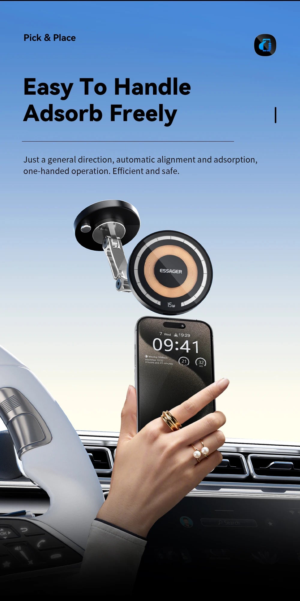 Essager Magnetic Wireless Car Charger – 15W Fast Charging Phone Holder Mount for MagSafe iPhone 15/14/13 Pro Max