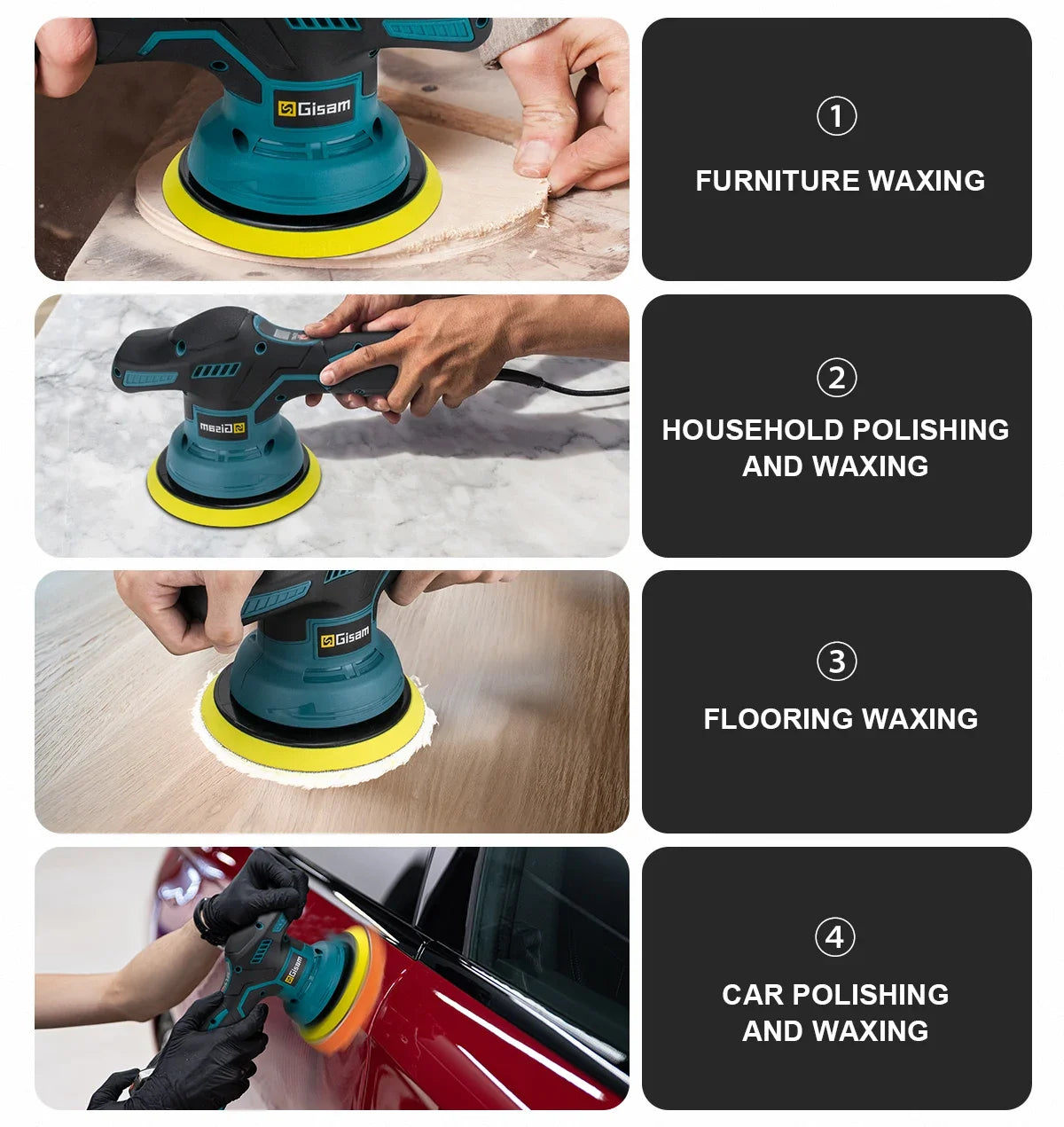 Gisam 8-Gear Digital Cordless Car Polisher — Electric Auto Waxing & Polishing Machine Compatible with Makita 18V Battery