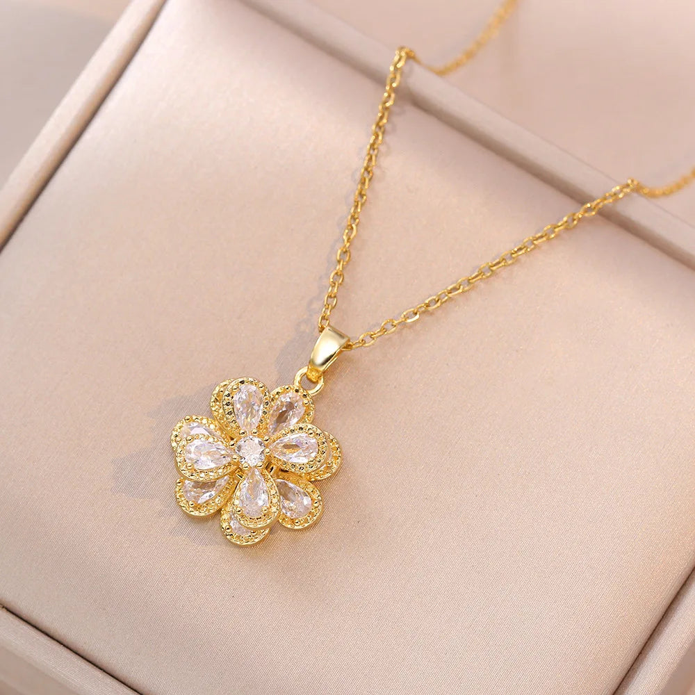 Light Luxury Gold Zircon Flower Pendant Necklace for Women - Elegant Party Jewelry Gift