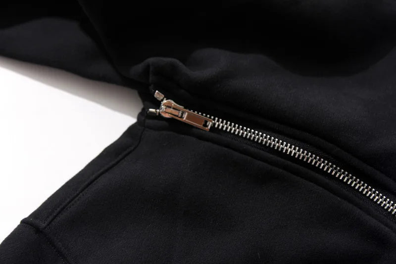Men's Harajuku Zip Hoodie - Black Hip-Hop Streetwear Cardigan Sweatshirt Jacket