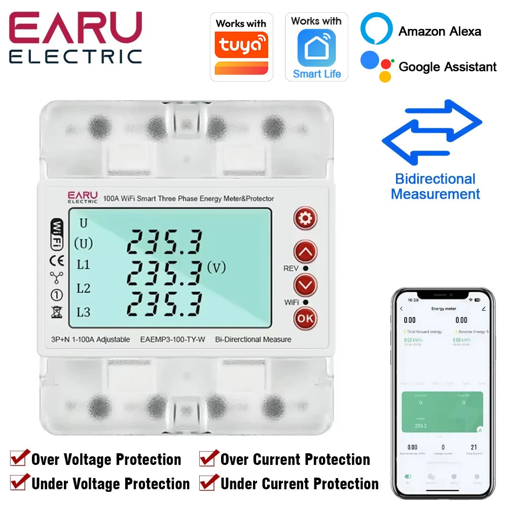 Tuya WiFi 3-Phase 380V Smart Energy Meter – Bi-Directional kWh Power Monitor with Over/Under Voltage Protection & Current Limit Relay Switch