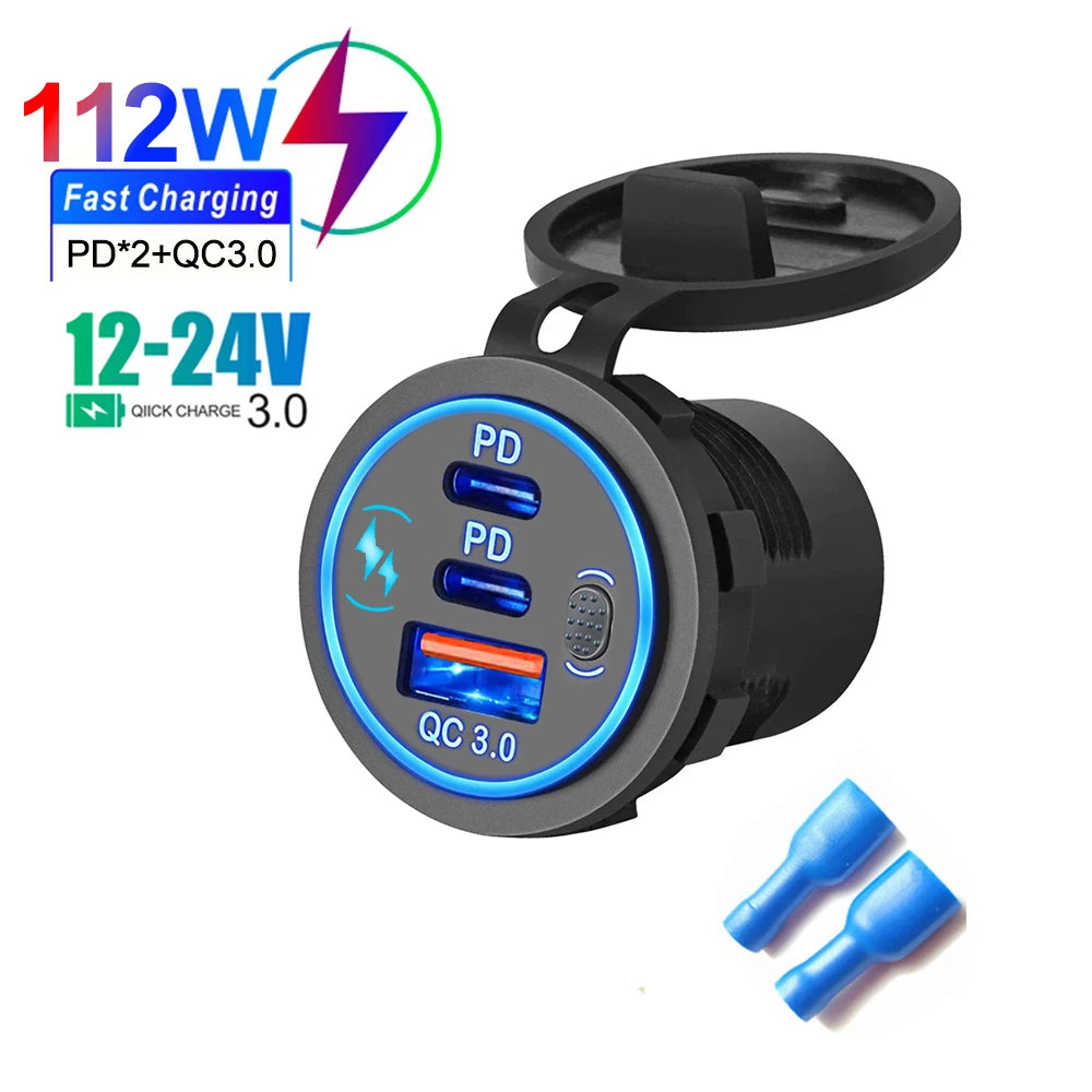 78W Dual USB C Car Charger Socket - PD3.0 & QC3.0 Fast Charging Adapter with LED Touch Switch for 12V/24V Vehicles