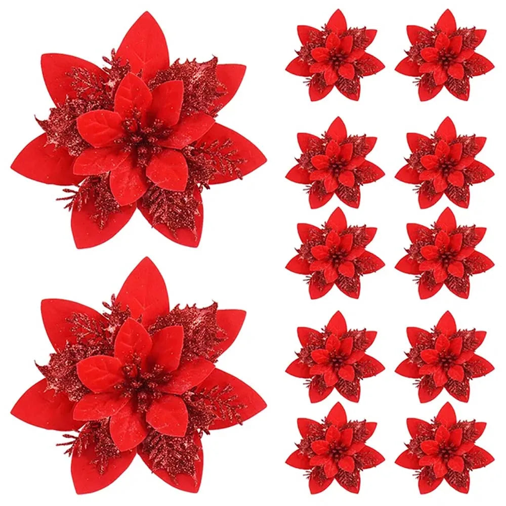 5/10PCS 14.5cm Christmas Flower Ornaments | Pink, Red, Gold Glitter Artificial Flowers for Tree & Home Xmas Decoration