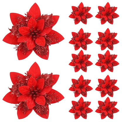 5/10PCS 14.5cm Christmas Flower Ornaments | Pink, Red, Gold Glitter Artificial Flowers for Tree & Home Xmas Decoration