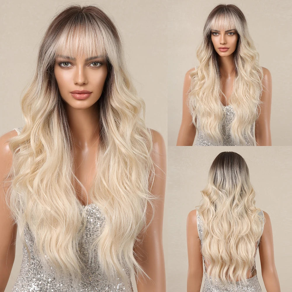 Copper Ginger Red Brown Synthetic Wig – Long Fluffy Wavy Wig with Bangs, Heat-Resistant Cosplay & Daily Wear Hair for Women