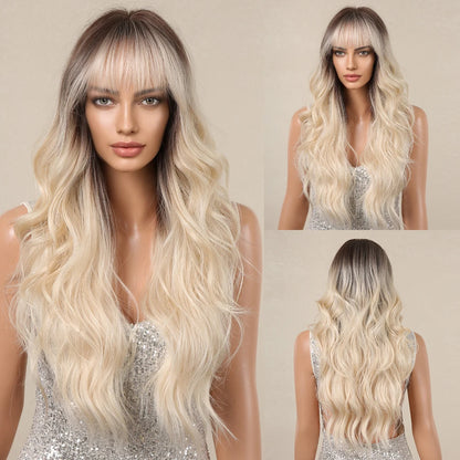 Copper Ginger Red Brown Synthetic Wig – Long Fluffy Wavy Wig with Bangs, Heat-Resistant Cosplay & Daily Wear Hair for Women