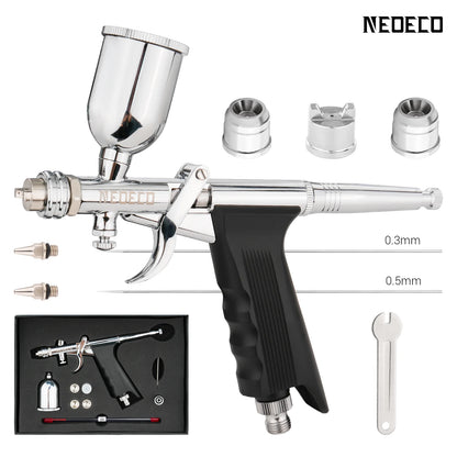 Gravity-Feed Dual-Action Airbrush — Pistol Grip Trigger Fan Spray Gun with 0.3mm/0.5mm Nozzles & 15CC Fluid Cups for Car Models & DIY