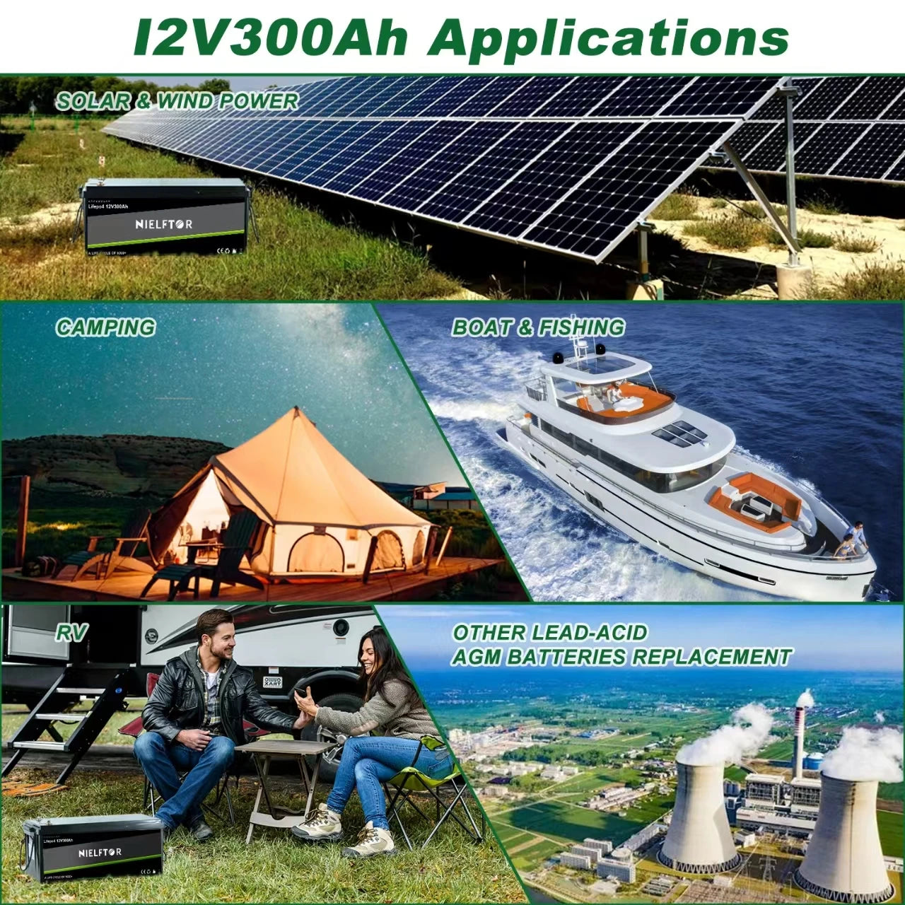 12V 24V 48V LiFePO4 Lithium Iron Phosphate Battery – 100Ah, 200Ah, 300Ah with Built-in BMS for Solar & Boats