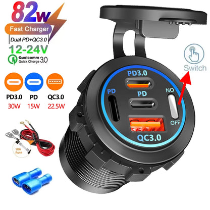 USB Car Charger 12/24V - Dual Socket PD3.0 & QC3.0 Fast Charging Station with LED Voltmeter Switch