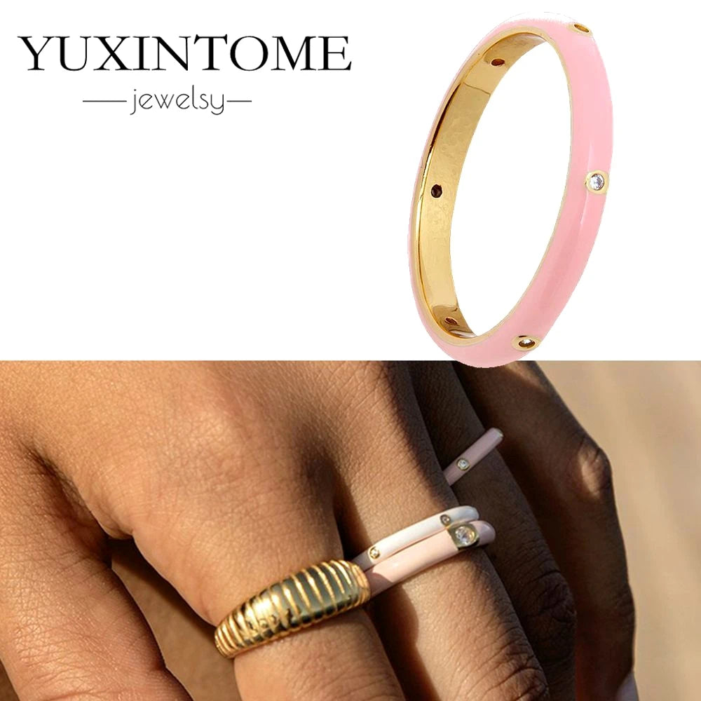 24K Gold-Plated & Silver Enamel Ring – Slim Round Women's Luxury Zircon CZ Ring in Green, Purple, Pink for Wedding & Anniversary