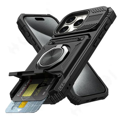Magnetic Ring Kickstand iPhone Case – Heavy Duty Drop Protection Wallet Cover for iPhone 16/15/14/13/12/11 Pro Max, XS, XR, 8 & 7 Plus